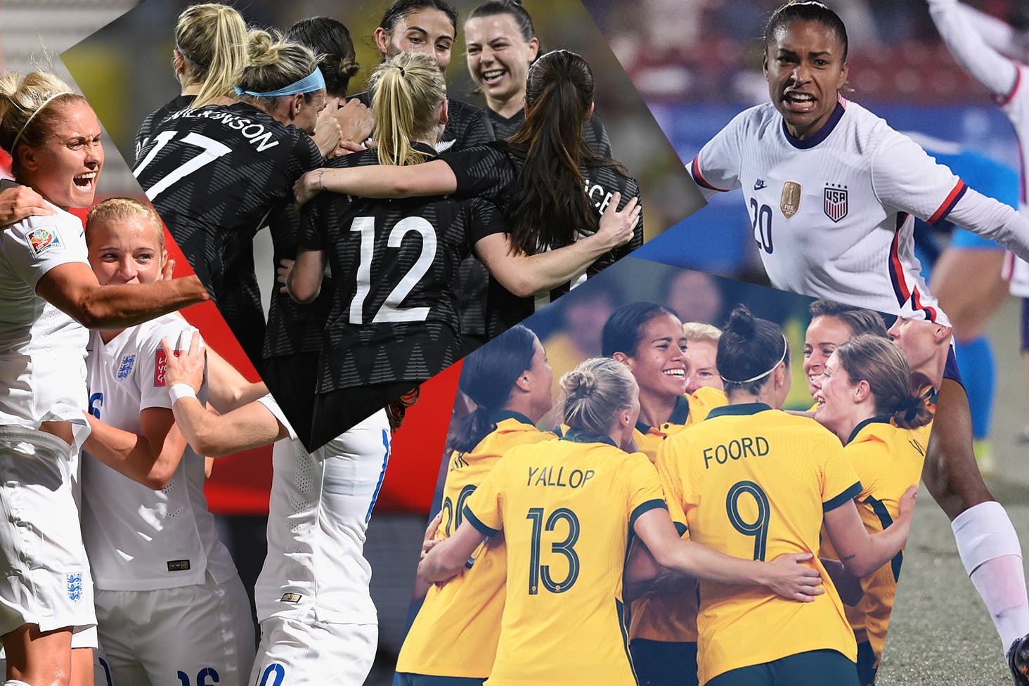 A collage of top FIFA teams NZ, Australia, England and USA.